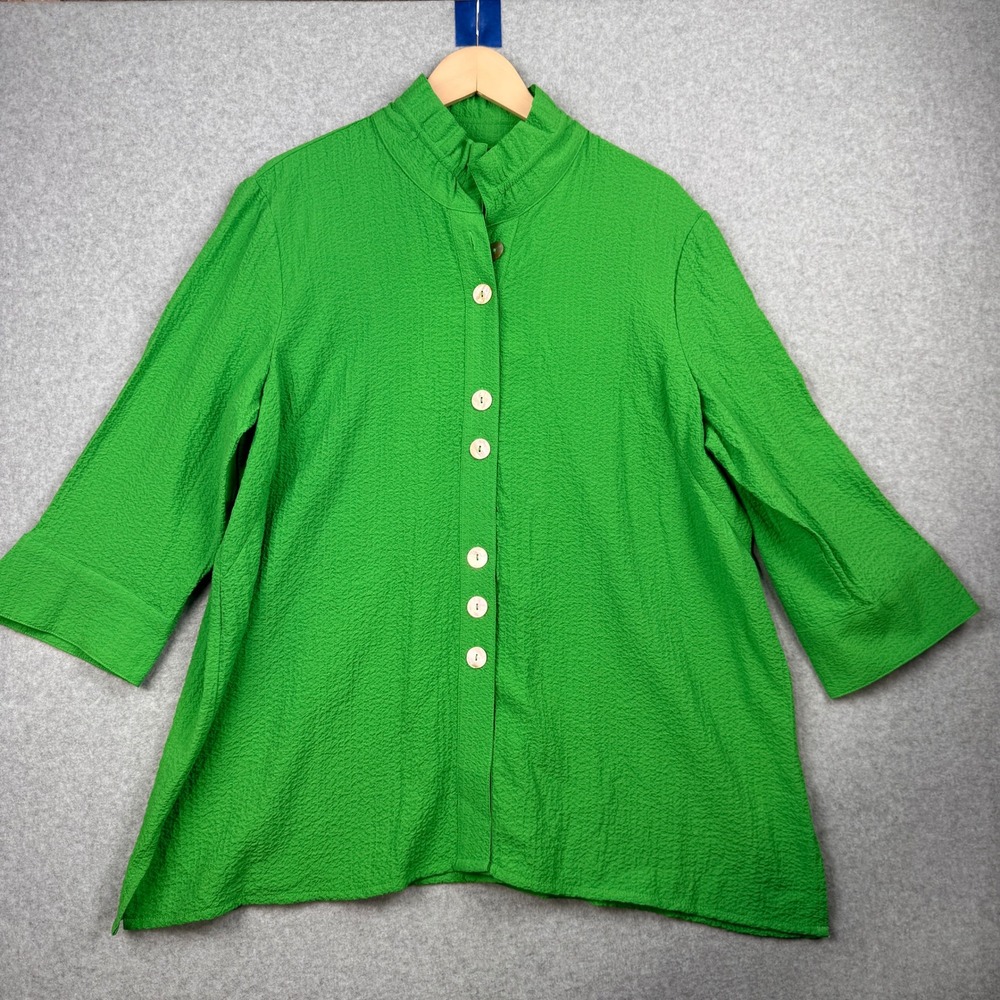 Ali Miles Top Womens XL Green Textured Artsy Lagenlook Button Up Tunic Boho